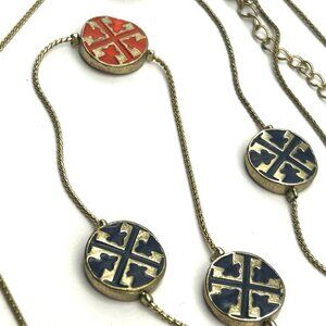 Tory Burch Logo Enamel Medallion Station Necklace Navy Blue Orange Gold Tone